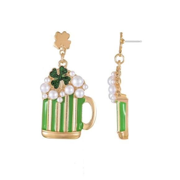 St. Patrick's Day Beer Mug Dangle Earrings, Festive Lucky Irish Shamrock Jewelry
